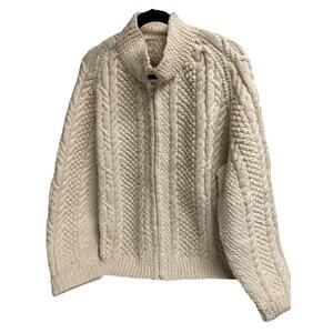 Women's Handmade Wool Fisherman's Cable Sweater Cardigan Large Zip Up